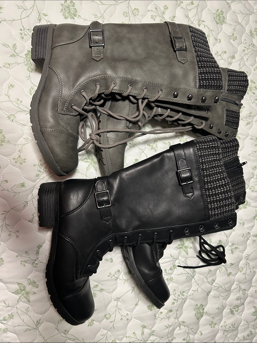Route 66 Women's Lace-Up Knit Cuff Combat Boots - Black pair & Gray pair